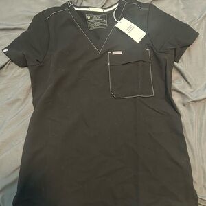 Figs Black V-Neck Scrub Top with Contrast Stitching and Chest Pocket XS